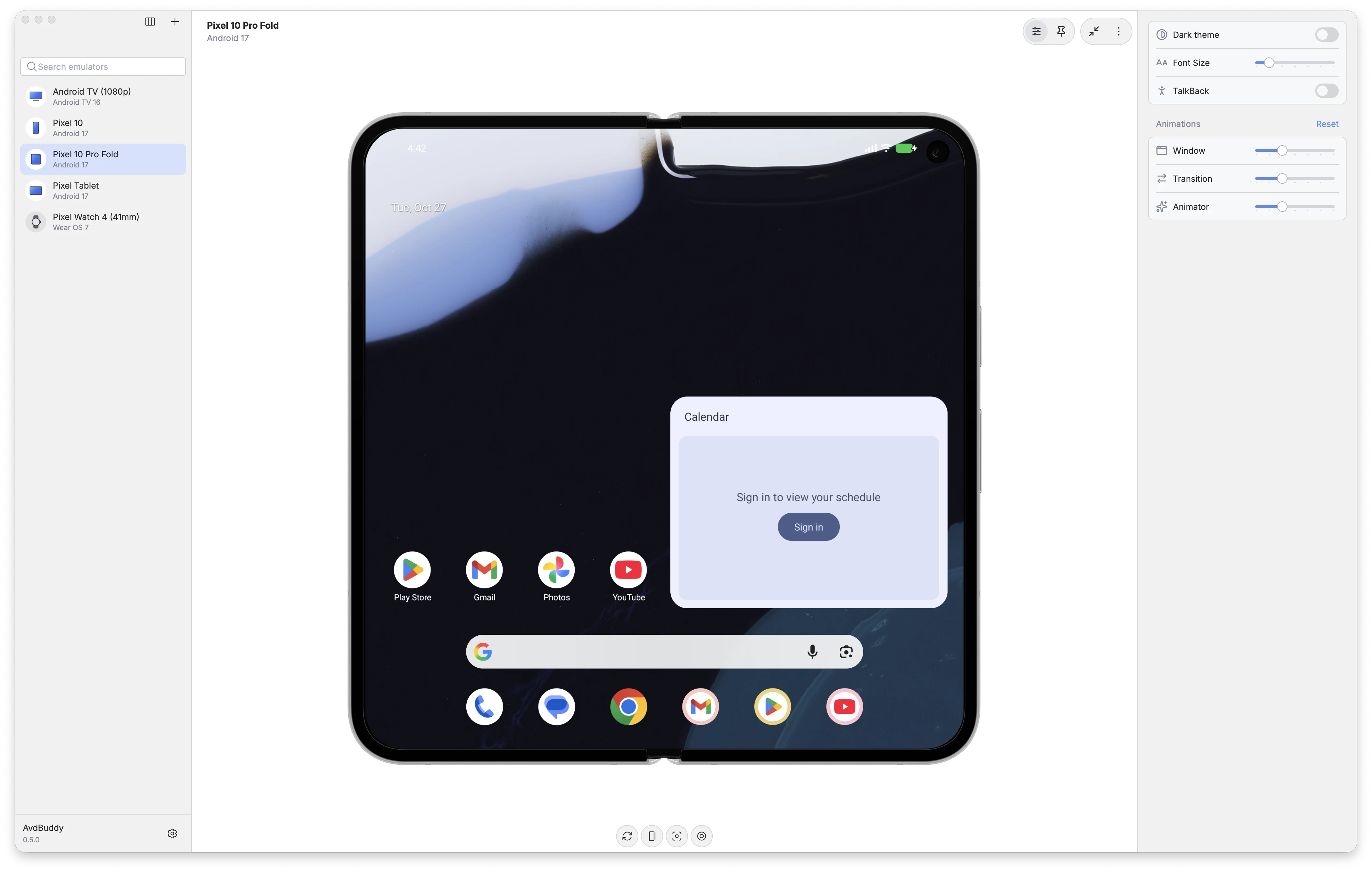 Robomori running a Pixel 10 Pro Fold emulator, with phones, a tablet, a watch and a TV in the sidebar and device controls open